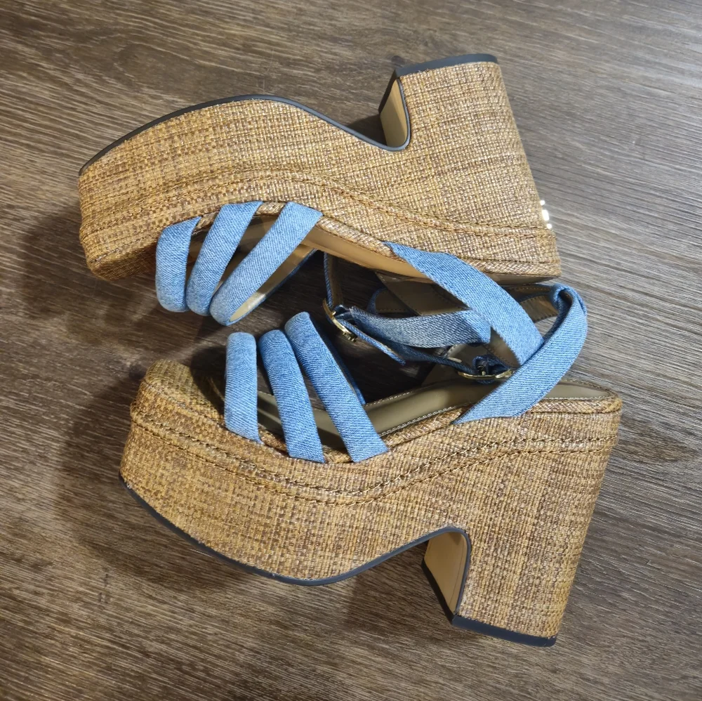 Sam Edelman Tibby Blue Denim Platform Wedge Sandals Sz 8.5 - Picture 9 of 12